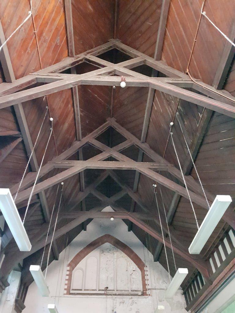 The beamed vault of the original School hall, still in tact