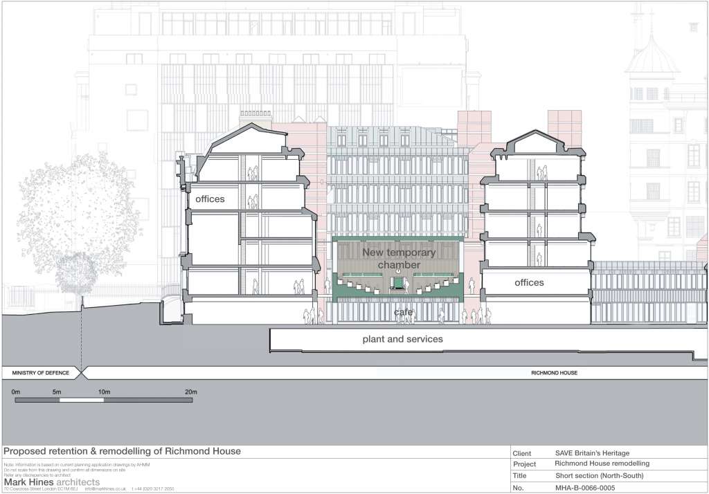 Cross-section by Mark Hines architects showing a temporary Chamber within Richmond House