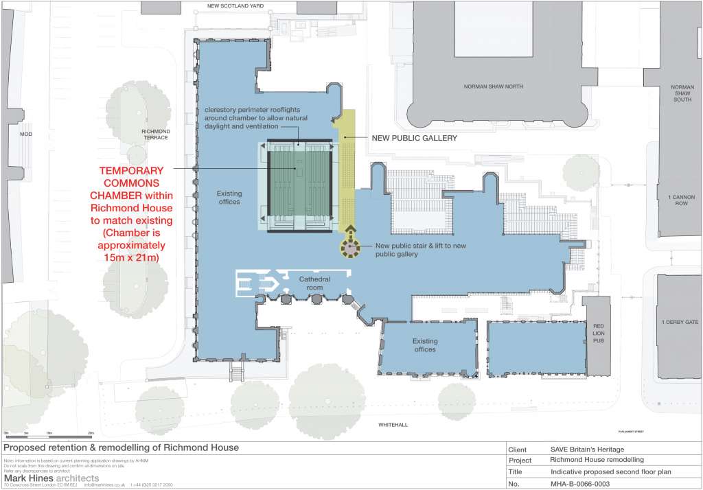 Second Floor Plans by Mark Hines architects showing for a temporary Chamber within Richmond House